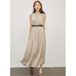 Sleeveless Shirred Maxi Dress With Belt Beige - One Size