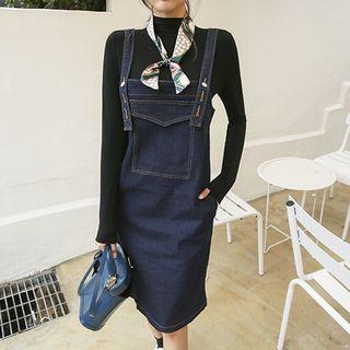 Set: Mock-neck Top + Denim Jumper Dress + Scarf