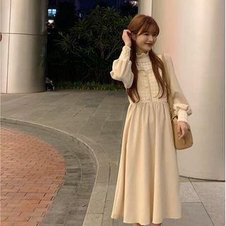 Long-sleeve Houndstooth Panel Mock-neck Midi Dress