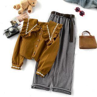 Floral Embroidered Ruffled Blouse / Plaid Straight Leg Pants