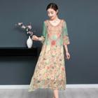 Flower Print Elbow-sleeve Midi Silk Dress