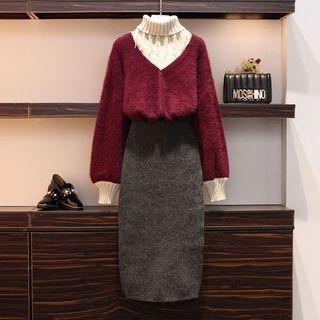 Set: Color Block Turtle Neck Sweater + Midi Skirt