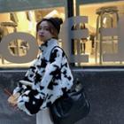Cow Print Fluffy Half-zip Sweatshirt White & Black - One Size