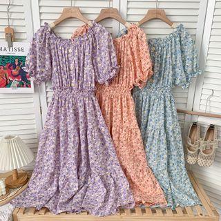 Boatneck Ruffle-trim Floral Midi Dress In 8 Colors