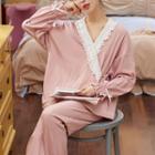 Loungewear Set : Long-sleeve Lace Trim Wrapped Top + Pants