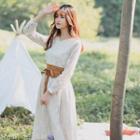 V-neck Long-sleeve Midi Lace Dress With Sash