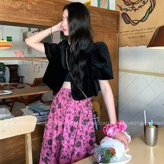 Puff-sleeve Velvet Cropped Blouse