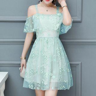Embroidered Cold Shoulder A-line Dress