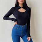 Long-sleeve Collared Cutout Knit Top Black - One Size