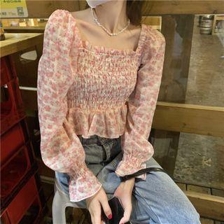 Puff-sleeve Square Neck Floral Ruffle Trim Crop Top