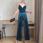 Knot-front Glitter Camisole Top / Plain Cropped Wide-leg Pants