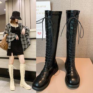 Plain Lace-up Knee-high Boots