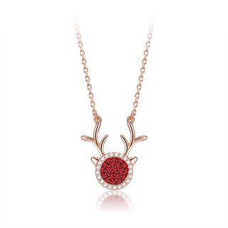 925 Sterling Silver Plated Rose Gold Dazzling Deer Necklace With Red Cubic Zircon Rose Gold - One Size