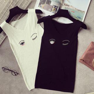 Embroidered V-neck Knit Tank Top
