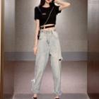 Short-sleeve Cropped T-shirt / Distressed Harem Jeans