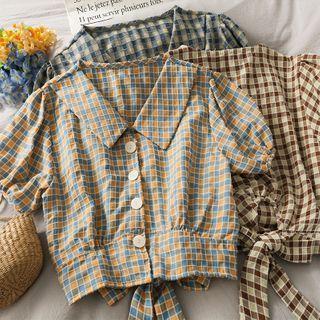 Checker Ribbon-back Crop Shirt In 5 Colors