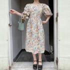 Tie-waist Puff-sleeve Floral Print Dress As Shown In Figure - One Size