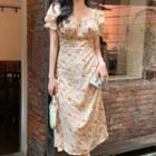 Bell-sleeve Ruffle Trim Floral Slit Midi Dress