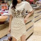 Set: Mock Two-piece Sequin T-shirt + Dotted A-line Skirt