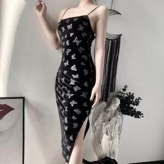 Spaghetti Strap Butterfly Print Midi Dress