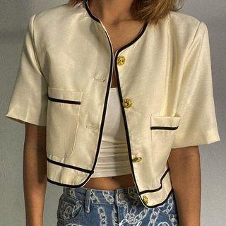 Elbow-sleeve Contrast Trim Button-up Top