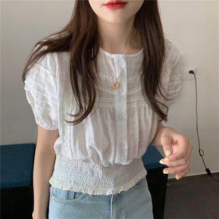 Puff-sleeve Shirred Plain Blouse White - One Size