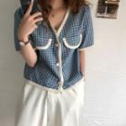 Short-sleeve Contrast Trim Plaid Cropped Jacket