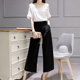 Set: Cut Out Shoulder 3/4 Sleeve Top + Plain Wide Leg Pants