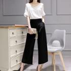 Set: Cut Out Shoulder 3/4 Sleeve Top + Plain Wide Leg Pants