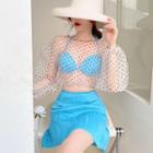 Set: Bikini Top + Mini A-line Swim Skirt + Balloon-sleeve Dotted Mesh Top