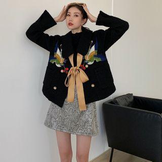 Double Breasted Bird Embroidered Ribbon Jacket