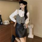 Houndstooth Cropped Camisole Top / Shirt / Faux Leather A-line Skirt