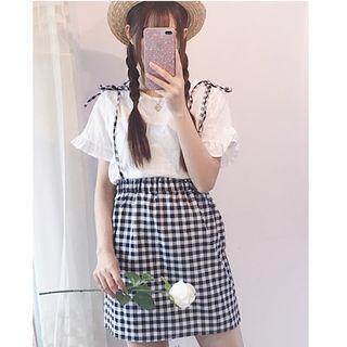 Set: Plain Short Sleeve Top + Plaid Suspender Skirt