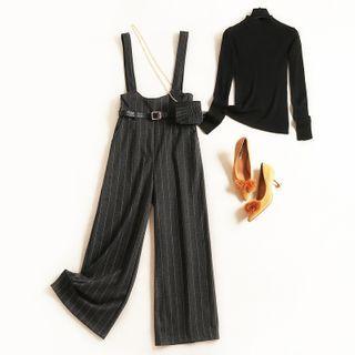 Set: Long-sleeve Mock-neck Top + Striped Wide-leg Suspender Pants