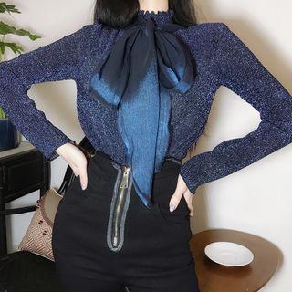 Glitter Tie-neck Long-sleeve Top