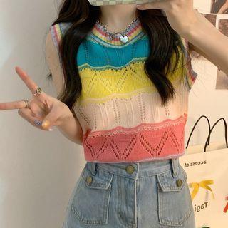 Color Block Knit Crop Tank Top Blue & Yellow & Pink - One Size