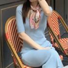Square-neck Slim-fit Knit Dress Blue - One Size