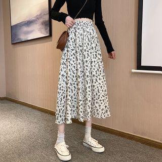 Flower Print Midi A-line Skirt Off-white - One Size
