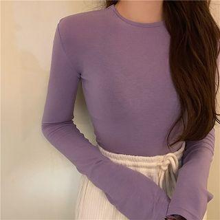 Plain Crewneck Slim-fit Long-sleeve Top Purple - One Size