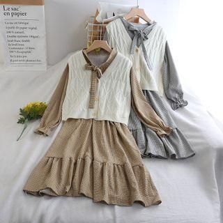 Set: Long-sleeve Plaid A-line Dress + Cable-knit Vest