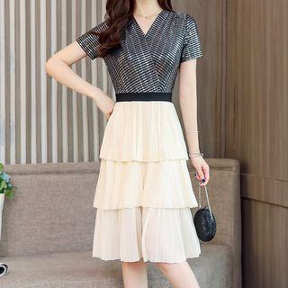 Sequined Short-sleeve Layered A-line Dress