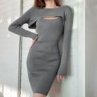 Set: Long-sleeve Crop Top + Spaghetti Strap Bodycon Dress Gray - One Size