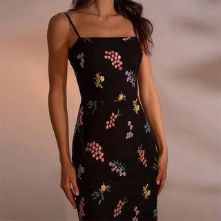 Embroidered Mesh Panel Strappy Midi Shift Dress