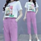 Set: Short-sleeve Printed T-shirt + High-waist Plain Straight Leg Pants