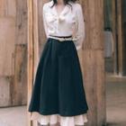 Set: Long-sleeve Embossed Shirt + Midi A-line Skirt