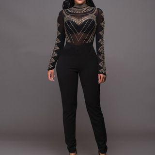 Rhinestone Long Sleeve Jumpsuit