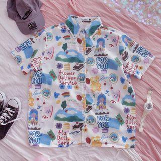Short-sleeve Cartoon Print Shirt White & Red & Yellow & Blue - One Size