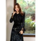 Tie-neck Tulle-frilled Velvet Blouse