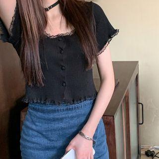 Lace Trim Short-sleeve Cropped Knit Top