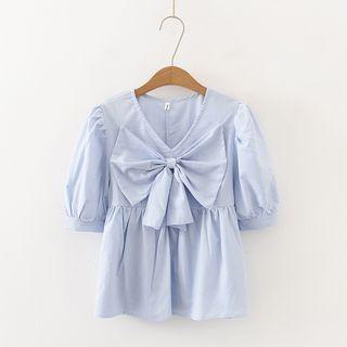 Plain Bow Short-sleeve Blouse Blue - One Size